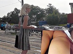Black-haired sexy girl upskirt outdoor action