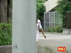 Hot Asian nurse gets a good street sharking outdoors.