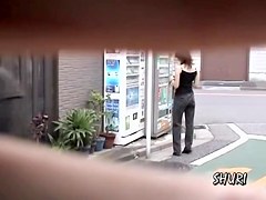 Vending machine sharking surprise with vocal sweet gal being totally stunned