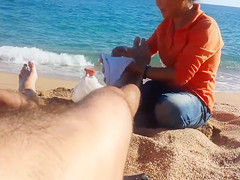 Older Asian bitch massages a guy’s hairy legs admiring his big cock