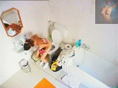 European girl in high heels pissing on the toilet