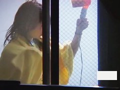 Asian girl dries out hair and masturbates on window spy cam
