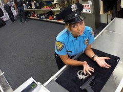 Brunette and busty Latina police woman gets pawned at the shop