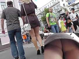 Delicious blonde with boyfriend in the public upskirt